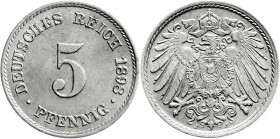 Reichskleinmünzen
5 Pfennig großer Adler, Kupfer/Nickel 1890-1915
1898 J. Beids. starke Lichterader Prägung.
fast Stempelglanz. Jaeger 12. 