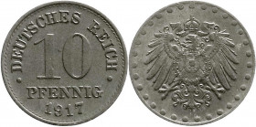 Reichskleinmünzen
10 Pfennig, Zink 1917
1917 mit Perlkreis.
gutes vorzüglich. Jaeger 298Z. 