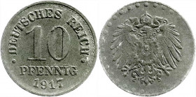Reichskleinmünzen
10 Pfennig, Zink 1917
1917 mit Perlkreis.
sehr schön/vorzüglich. Jaeger 298Z. 