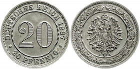 Reichskleinmünzen
20 Pfennig kleiner Adler, Nickel 1887-1888
1887 A. fast Stempelglanz, schöne Patina. Jaeger 6. 