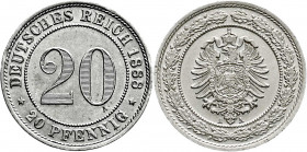 Reichskleinmünzen
20 Pfennig kleiner Adler, Nickel 1887-1888
1888 A. Stempelglanz, Prachtexemplar. Jaeger 6. 