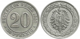 Reichskleinmünzen
20 Pfennig kleiner Adler, Nickel 1887-1888
1888 G. Stempelglanz, selten in dieser Erhaltung. Jaeger 6. 
