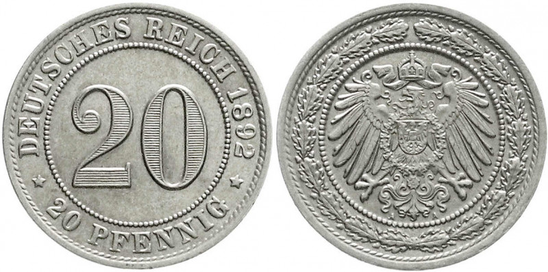 Reichskleinmünzen
20 Pfennig großer Adler, Nickel 1890-1892
1892 A. Stempelgla...