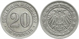 Reichskleinmünzen
20 Pfennig großer Adler, Nickel 1890-1892
1892 A. Stempelglanz, selten in dieser Erhaltung. Jaeger 14. 