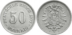Reichskleinmünzen
50 Pfennig kleiner Adler, Silber 1875-1877
1877 C. fast Stempelglanz. Jaeger 7. 
