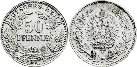 Reichskleinmünzen
50 Pfennig kleiner Adler, Silber 1875-1877
1877 J. sehr schön/vorzüglich, leichte Randverprägung. Jaeger 7. 