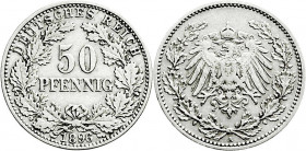 Reichskleinmünzen
50 Pfennig gr. Adler Eichenzweige Silb. 1896-1903
1896 A. sehr schön. Jaeger 15. 