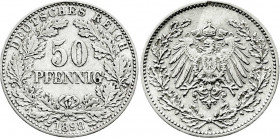 Reichskleinmünzen
50 Pfennig gr. Adler Eichenzweige Silb. 1896-1903
1898 A. fast vorzüglich, kl. Randfehler. Jaeger 15. 