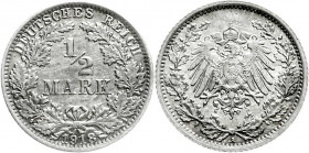Reichskleinmünzen
1/2 Mark gr. Adler Eichenzweige, Silber 1905-1919
100 X 1918 A. meist vorzüglich und besser, teils geschwärzt. Jaeger 16. 