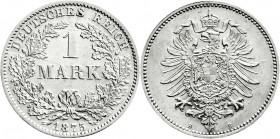Reichskleinmünzen
1 Mark kleiner Adler, Silber 1873-1887
1875 B. vorzüglich/Stempelglanz, etwas berieben. Jaeger 9. 
