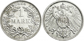 Reichskleinmünzen
1 Mark großer Adler, Silber 1891-1916
1902 F. fast Stempelglanz, winz. Randfehler. Jaeger 17. 