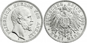 Reichssilbermünzen J. 19-178
Anhalt
Friedrich I., 1871-1904
2 Mark 1896 A. vorzüglich/Stempelglanz. Jaeger 20. 