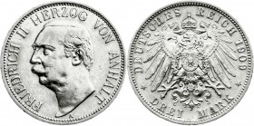 Reichssilbermünzen J. 19-178
Anhalt
Friedrich II., 1904-1918
3 Mark 1909 A. vorzüglich, etwas berieben, winz. Randfehler. Jaeger 23. 