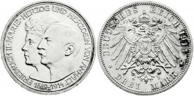 Reichssilbermünzen J. 19-178
Anhalt
Friedrich II., 1904-1918
3 Mark 1914 A. Silberne Hochzeit.
vorzüglich/Stempelglanz. Jaeger 24. 