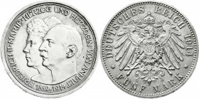 Reichssilbermünzen J. 19-178
Anhalt
Friedrich II., 1904-1918
5 Mark 1914 A. Silberne Hochzeit.
vorzüglich, kl. Randfehler und etwas berieben. Jaeg...