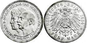 Reichssilbermünzen J. 19-178
Anhalt
Friedrich II., 1904-1918
5 Mark 1914 A. Silberne Hochzeit.
vorzüglich, kl. Randfehler. Jaeger 25. 