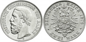 Reichssilbermünzen J. 19-178
Baden
Friedrich I., 1856-1907
2 Mark 1876 G. fast vorzüglich. Jaeger 26. 