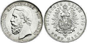 Reichssilbermünzen J. 19-178
Baden
Friedrich I., 1856-1907
5 Mark 1875 G. vorzüglich, kl. Randfehler. Jaeger 27. 