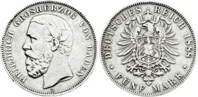 Reichssilbermünzen J. 19-178
Baden
Friedrich I., 1856-1907
5 Mark 1888 G. A mit Querstrich.
fast sehr schön, Randfehler, selten. Jaeger 27. 