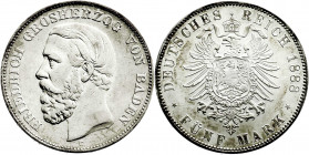 Reichssilbermünzen J. 19-178
Baden
Friedrich I., 1856-1907
5 Mark 1888 G. A ohne Querstrich.
prägefrisch/fast Stempelglanz, feine Tönung selten in...