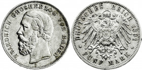 Reichssilbermünzen J. 19-178
Baden
Friedrich I., 1856-1907
5 Mark 1891 G. A ohne Querstrich.
sehr schön, kl. Randfehler. Jaeger 29 F. 