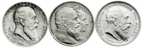 Reichssilbermünzen J. 19-178
Baden
Friedrich I., 1856-1907
3 X 2 Mark: 1902 Jubiläum, 1906 Goldene Hochzeit, 1907 Tod. alle prägefrisch. Jaeger 30,...