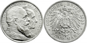 Reichssilbermünzen J. 19-178
Baden
Friedrich I., 1856-1907
5 Mark 1906. Zur goldenen Hochzeit.
fast Stempelglanz, Prachtexemplar. Jaeger 35. 