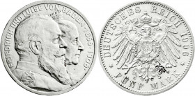 Reichssilbermünzen J. 19-178
Baden
Friedrich I., 1856-1907
5 Mark 1906. Zur goldenen Hochzeit.
vorzüglich/Stempelglanz. Jaeger 35. 