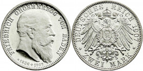 Reichssilbermünzen J. 19-178
Baden
Friedrich I., 1856-1907
2 Mark 1907. Auf seinen Tod.
Polierte Platte, Prachtexemplar. Jaeger 36. 