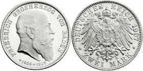 Reichssilbermünzen J. 19-178
Baden
Friedrich I., 1856-1907
2 Mark 1907. Auf seinen Tod.
Polierte Platte/Erstabschlag, Prachtexemplar. Jaeger 36. 