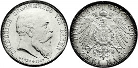 Reichssilbermünzen J. 19-178
Baden
Friedrich I., 1856-1907
2 Mark 1907. Auf seinen Tod.
fast Stempelglanz. Jaeger 36. 