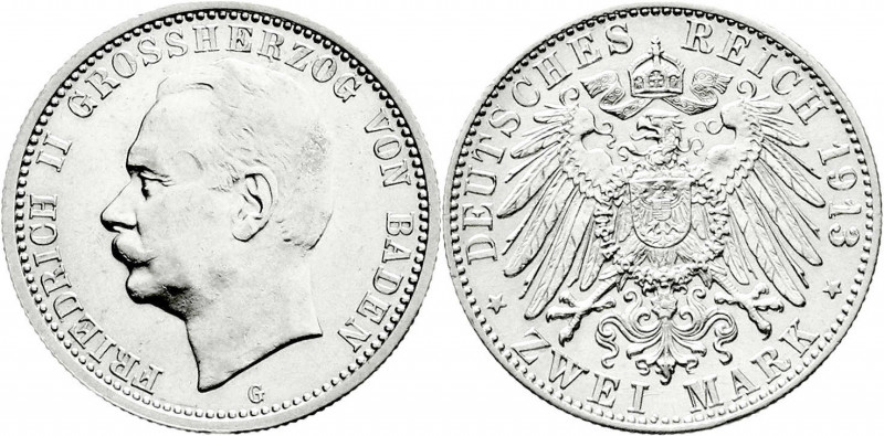 Reichssilbermünzen J. 19-178
Baden
Friedrich II., 1907-1918
2 Mark 1913 G. gu...