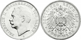 Reichssilbermünzen J. 19-178
Baden
Friedrich II., 1907-1918
5 Mark 1913 G. vorzüglich/Stempelglanz, kl. Randfehler und kl. Kratzer. Jaeger 40. 