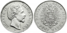 Reichssilbermünzen J. 19-178
Bayern
Ludwig II., 1864-1886
5 Mark 1876 D. vorzüglich/Stempelglanz, winz. Kratzer. Jaeger 42. 