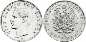 Reichssilbermünzen J. 19-178
Bayern
Otto, 1886-1913
2 Mark 1888 D. fast Stempelglanz, Prachtexemplar. Jaeger 43. 