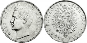 Reichssilbermünzen J. 19-178
Bayern
Otto, 1886-1913
5 Mark 1888 D. gutes vorzüglich, kl. Randfehler. Jaeger 44. 