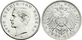 Reichssilbermünzen J. 19-178
Bayern
Otto, 1886-1913
2 Mark 1891 D. vorzüglich aus Polierte Platte, kl. Kratzer. Jaeger 45. 