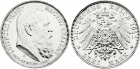 Reichssilbermünzen J. 19-178
Bayern
Luitpold 1911-1912
3 Mark 1911 D. Zum 90 jähr. Geb.
Polierte Platte, etwas berieben und kl. Randfehler. Jaeger...