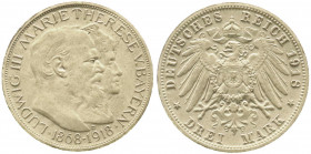 Reichssilbermünzen J. 19-178
Bayern
Ludwig III., 1913-1918
3 Mark 1918 D, Goldene Hochzeit. Prägung vom Originalstempel auf weißer dicker Pappe ohn...