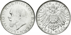 Reichssilbermünzen J. 19-178
Bayern
Ludwig III., 1913-1918
2 Mark 1914 D. fast Stempelglanz. min. Kratzer. Jaeger 51. 