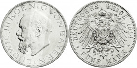 Reichssilbermünzen J. 19-178
Bayern
Ludwig III., 1913-1918
5 Mark 1914 D. vorzüglich/Stempelglanz aus Erstabschlag. Jaeger 53. 