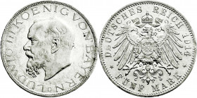 Reichssilbermünzen J. 19-178
Bayern
Ludwig III., 1913-1918
5 Mark 1914 D. vorzüglich/Stempelglanz, leichte Randverprägung. Jaeger 53. 