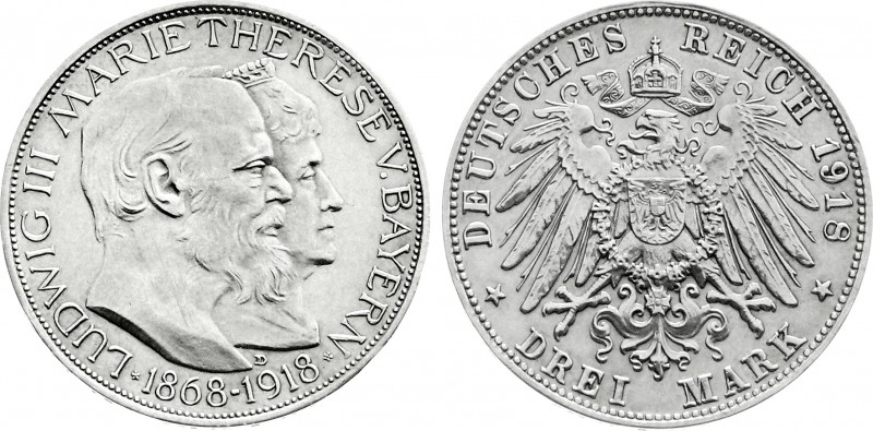 Reichssilbermünzen J. 19-178
Bayern
Ludwig III., 1913-1918
3 Mark 1918 D. Gol...