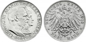 Reichssilbermünzen J. 19-178
Bayern
Ludwig III., 1913-1918
3 Mark 1918 D. Goldene Hochzeit (Bayern-Hochzeit). Auflage nur 130 Ex. Mit Gutachten Kün...