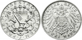 Reichssilbermünzen J. 19-178
Bremen
2 Mark 1904 J. fast Stempelglanz. Jaeger 59. 