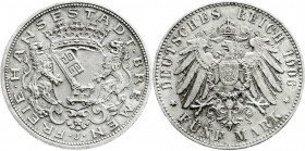 Reichssilbermünzen J. 19-178
Bremen
5 Mark 1906 J. vorzüglich/Stempelglanz. Jaeger 60. 