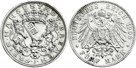 Reichssilbermünzen J. 19-178
Bremen
5 Mark 1906 J. sehr schön/vorzüglich, kl. Randfehler und Henkelspur. Jaeger 60. 