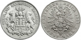 Reichssilbermünzen J. 19-178
Hamburg
5 Mark 1888 J. fast sehr schön, kl. Randfehler. Jaeger 62. 