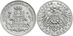 Reichssilbermünzen J. 19-178
Hamburg
2 Mark 1898 J. Seltenes Jahr.
fast sehr schön. Jaeger 63. 