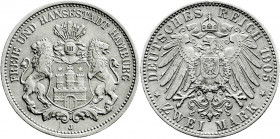 Reichssilbermünzen J. 19-178
Hamburg
2 Mark 1905 J. Besseres Jahr.
vorzüglich. Jaeger 63. 